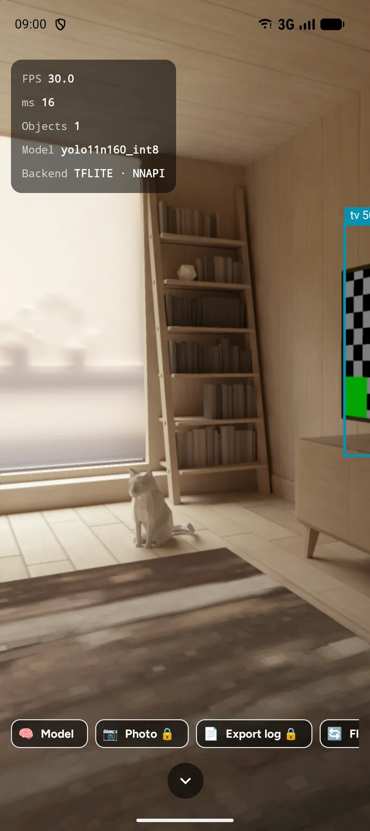 Detection running live on the camera view, with the frame rate, the latency and the model shown over it