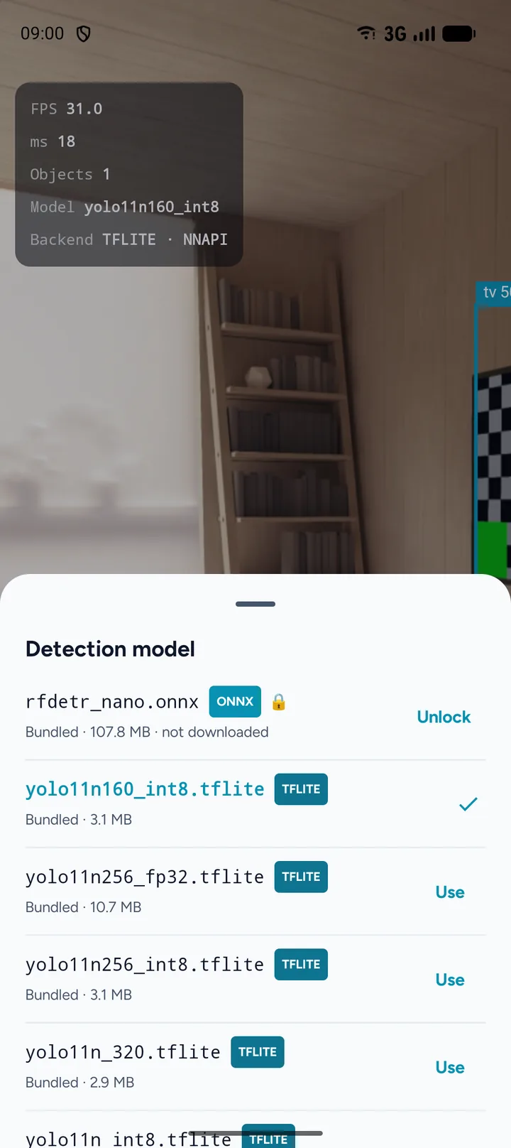 The detector list: what is bundled, what can be downloaded, and which one is running